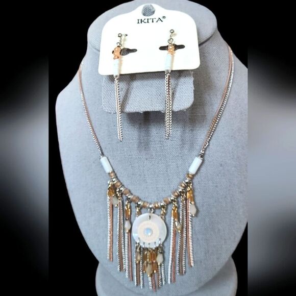 PARIS! Chains and Beads Necklace & Earring Set Rose Gold Silver Mother Of Pearl - Picture 1 of 10